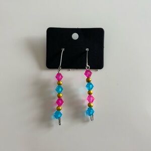 Brand new handmade dangle earrings blue and pink with gold beads